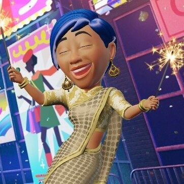 Smiling animated woman in saree with sparklers